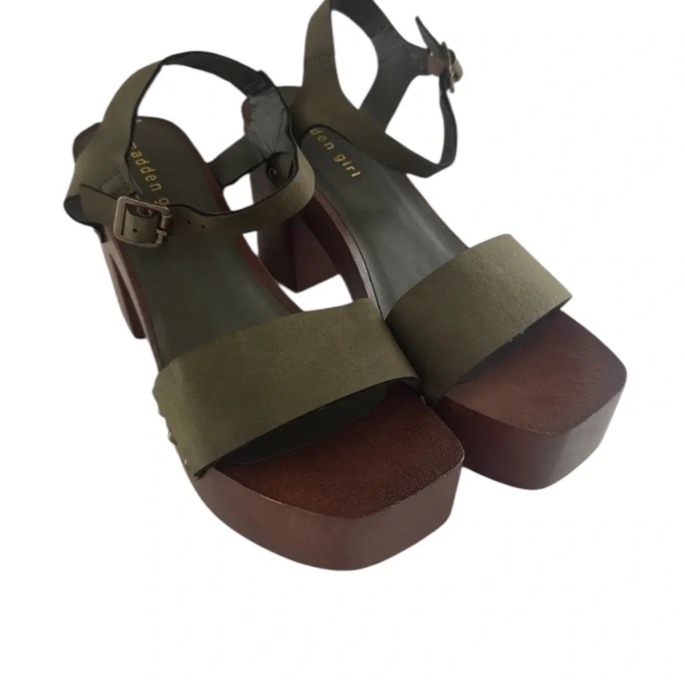 Madden Girl Dani Platform Sandals Olive Green Faux Wood Block Heel Size 8.5 via